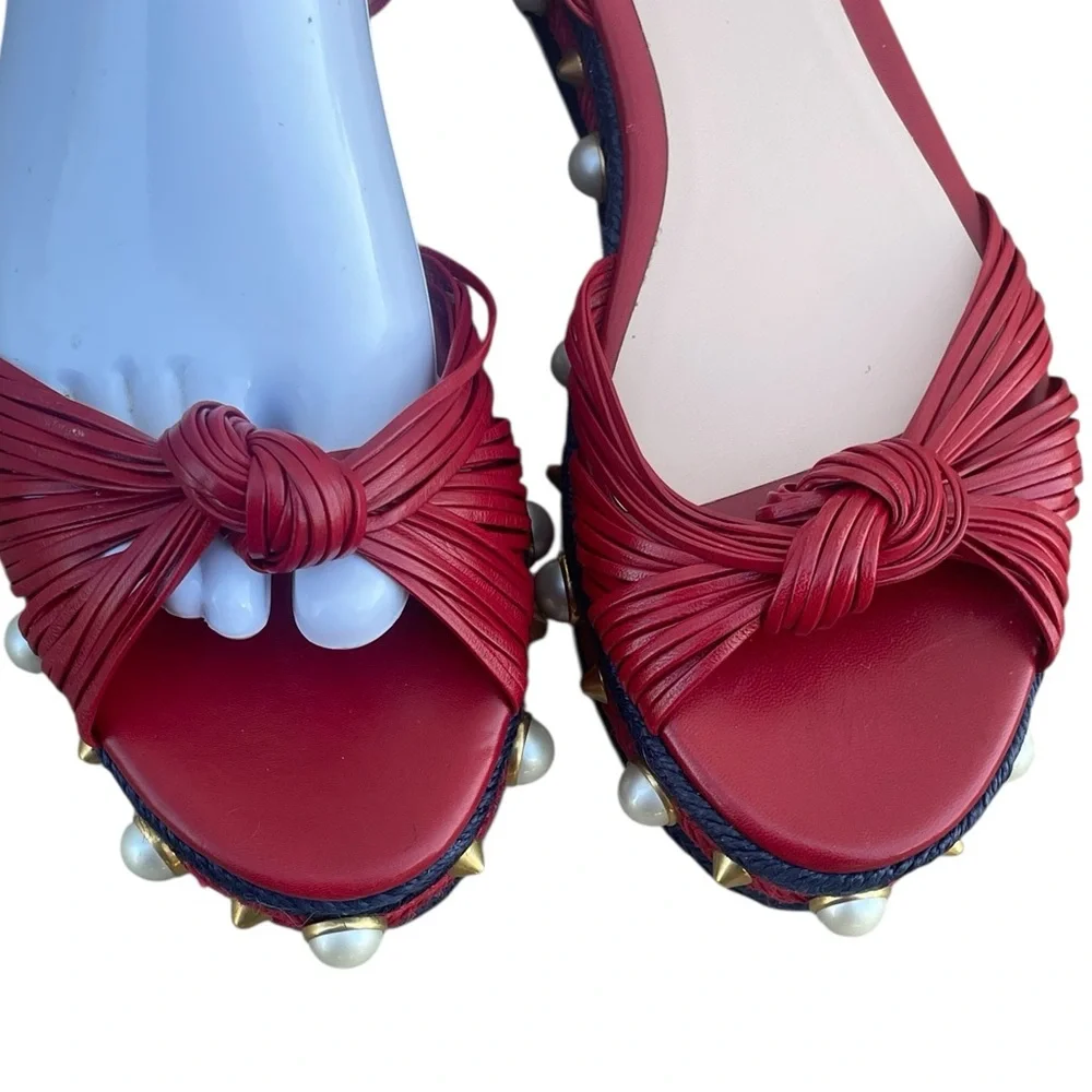 Gucci Red Leather Barbette Knot, Ankle‎ Strap Espadrille Platform Sandals, 41.5